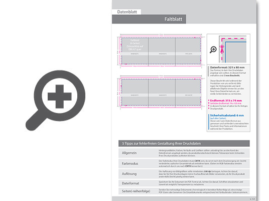 Product Bild faltblatt__gefalzt_auf_din_a7_quer__6-seiter_(zickzackfalz)__beidseitig_bedruckt_(4_4_farbig_+_2_sonderfarben_hks)
